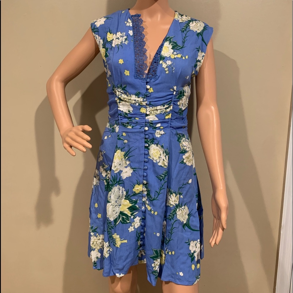 Free People Blue Floral Botton Down Sun Dress SZ 0